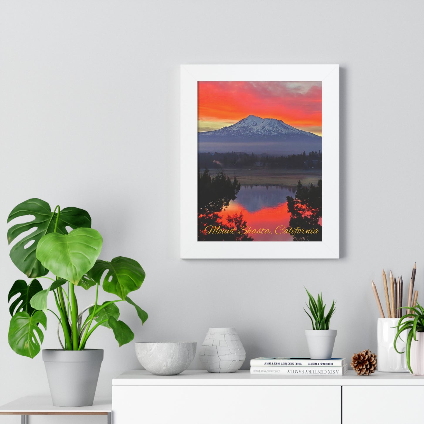 Mount Shasta Fiery Sunset Framed Vertical Poster