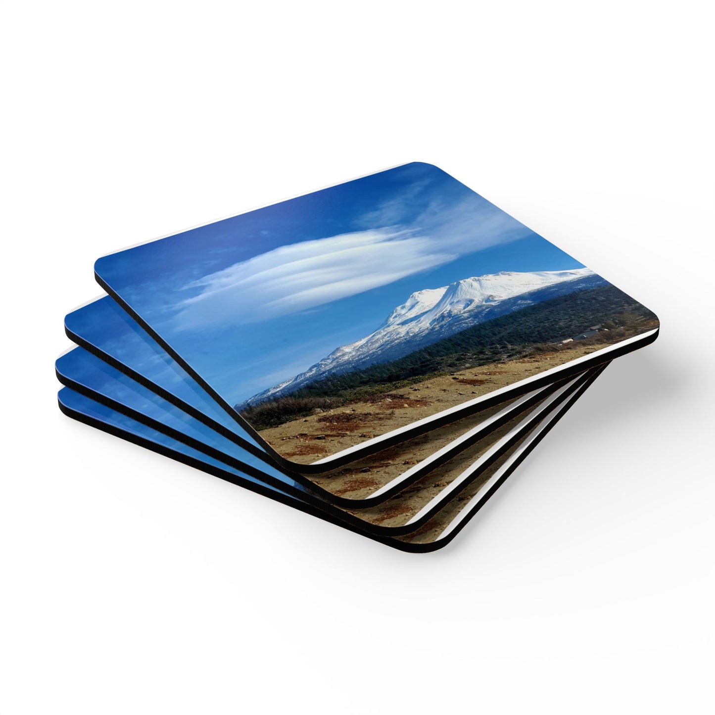 Mount Shasta Lenticular Clouds Corkwood Coaster Set