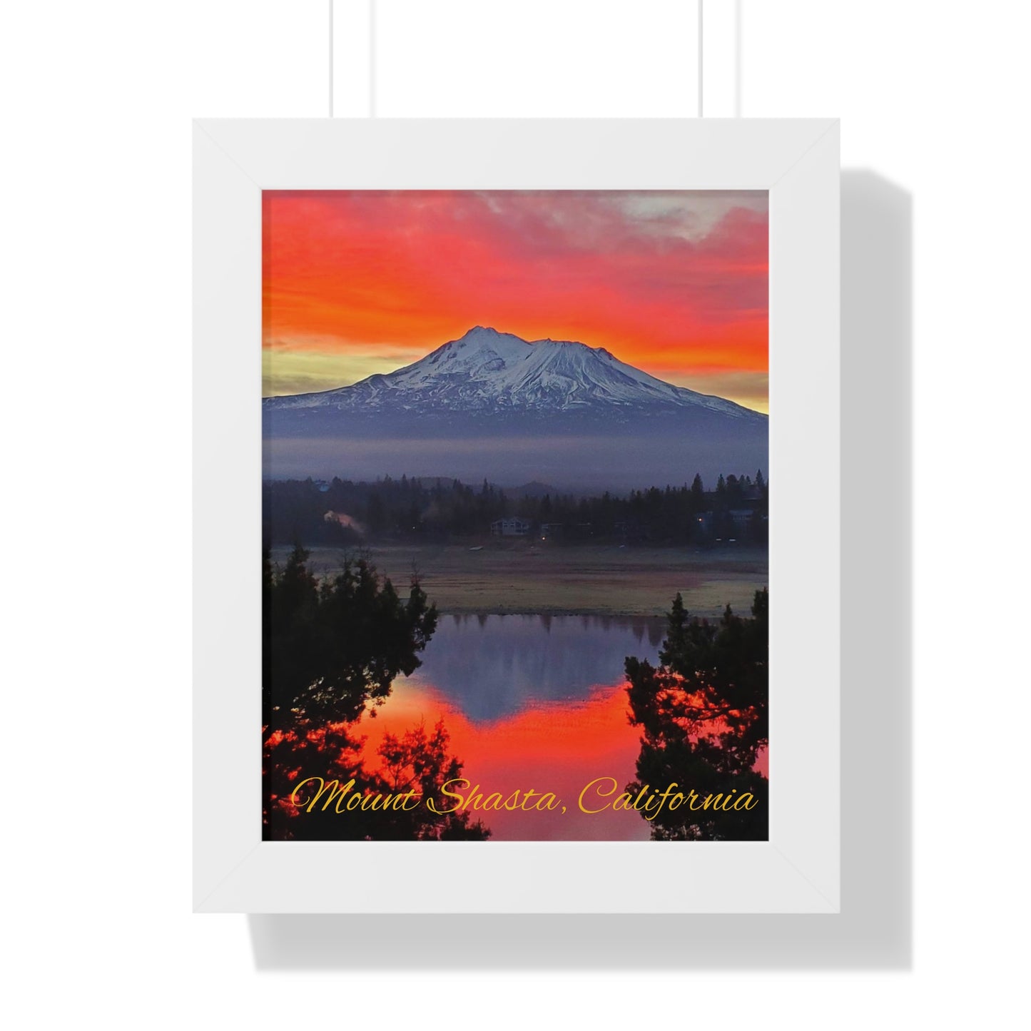 Mount Shasta Fiery Sunset Framed Vertical Poster