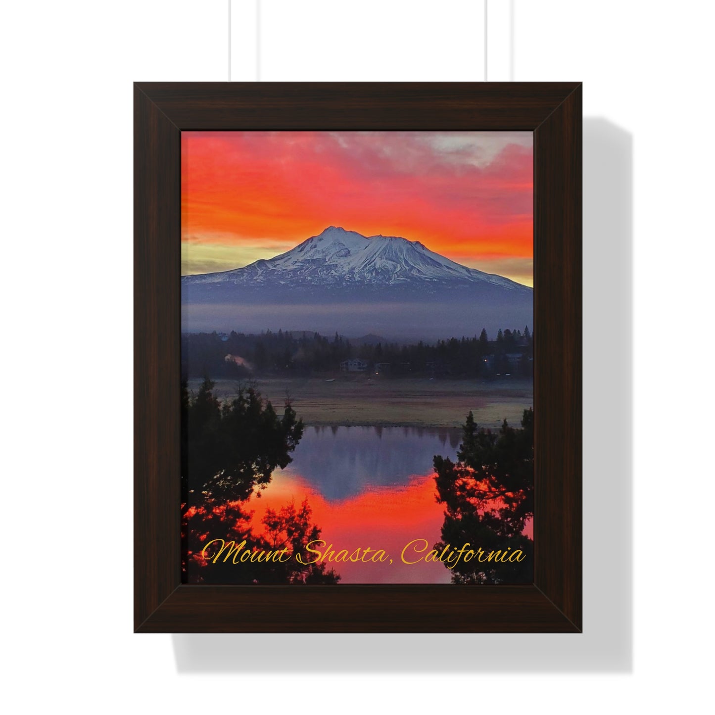 Mount Shasta Fiery Sunset Framed Vertical Poster