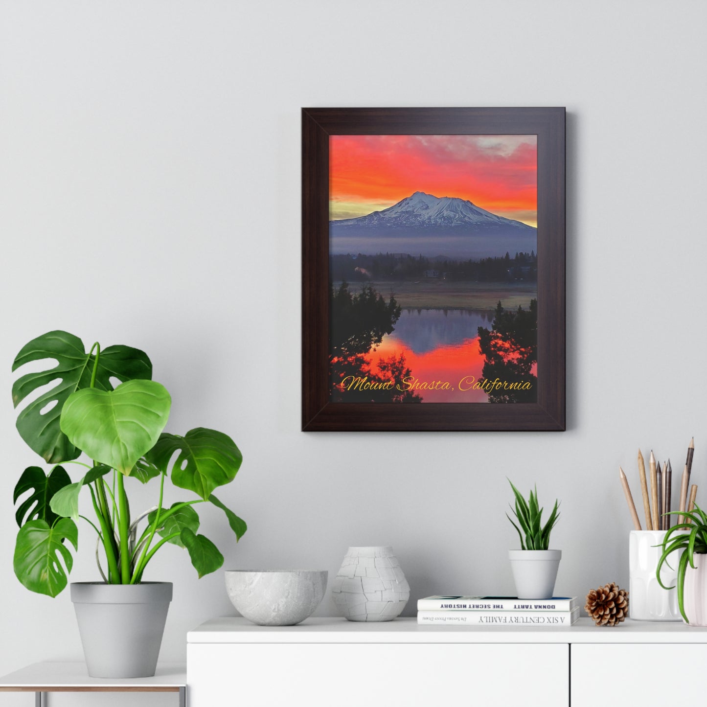 Mount Shasta Fiery Sunset Framed Vertical Poster