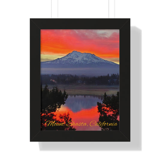 Mount Shasta Fiery Sunset Framed Vertical Poster