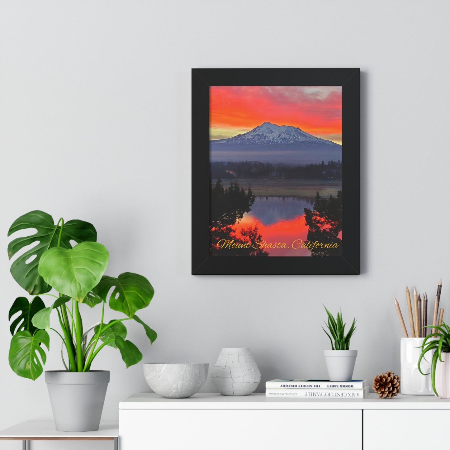 Mount Shasta Fiery Sunset Framed Vertical Poster