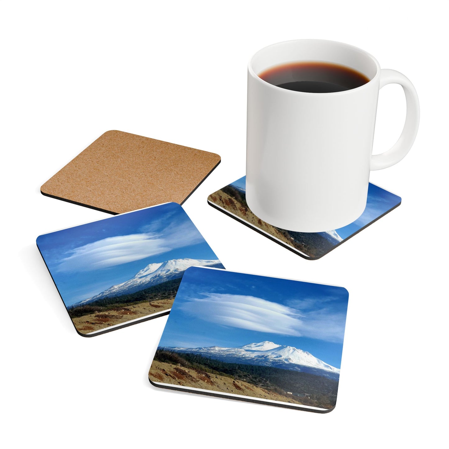 Mount Shasta Lenticular Clouds Corkwood Coaster Set